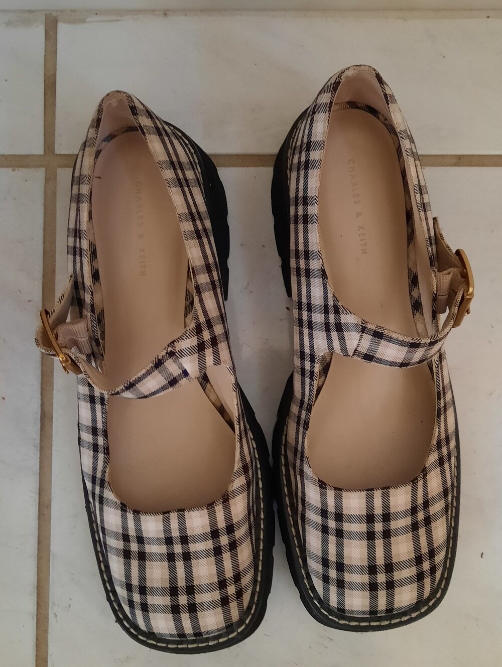 Plaid Mary Jane Platform Shoes - Black & Cream - Picture 4 of 6